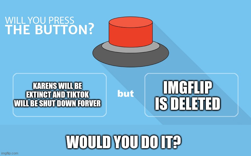 the most ultimate of decisions | KARENS WILL BE EXTINCT AND TIKTOK WILL BE SHUT DOWN FORVER; IMGFLIP IS DELETED; WOULD YOU DO IT? | image tagged in would you press the button | made w/ Imgflip meme maker