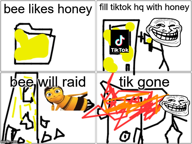 Blank Comic Panel 2x2 |  bee likes honey; fill tiktok hq with honey; bee will raid; tik gone | image tagged in memes,blank comic panel 2x2 | made w/ Imgflip meme maker