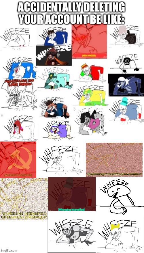 *w h e e z e* | ACCIDENTALLY DELETING YOUR ACCOUNT BE LIKE: | image tagged in 25 wheezes | made w/ Imgflip meme maker