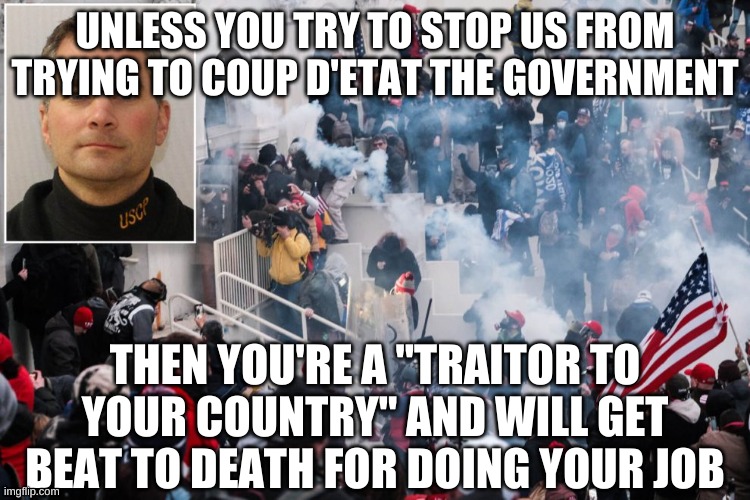 Brian Sicknick | UNLESS YOU TRY TO STOP US FROM TRYING TO COUP D'ETAT THE GOVERNMENT THEN YOU'RE A "TRAITOR TO YOUR COUNTRY" AND WILL GET BEAT TO DEATH FOR D | image tagged in brian sicknick | made w/ Imgflip meme maker