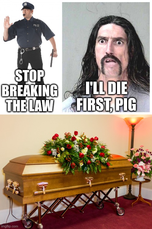 Resist (and accept the consequences) | STOP BREAKING THE LAW; I'LL DIE FIRST, PIG | image tagged in memes,stop cop,confused criminal,casket | made w/ Imgflip meme maker