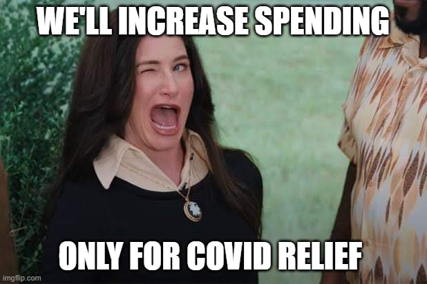 *wink in 2.9 trillion dollars* | WE'LL INCREASE SPENDING; ONLY FOR COVID RELIEF | image tagged in wandavision agnes wink | made w/ Imgflip meme maker