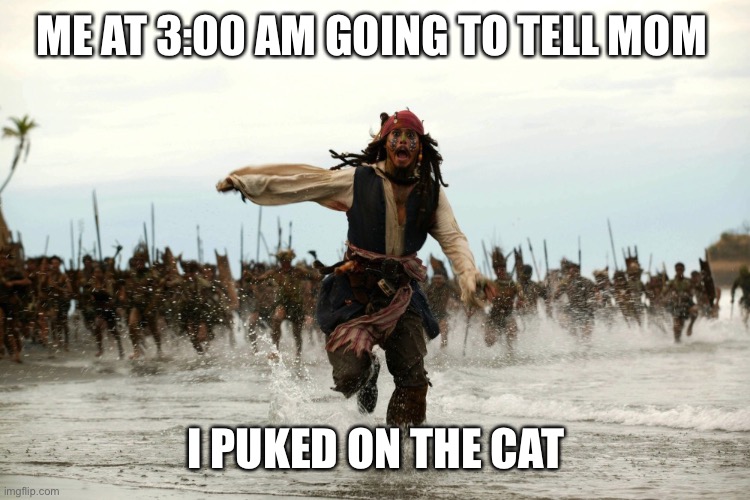 captain jack sparrow running | ME AT 3:00 AM GOING TO TELL MOM; I PUKED ON THE CAT | image tagged in captain jack sparrow running | made w/ Imgflip meme maker