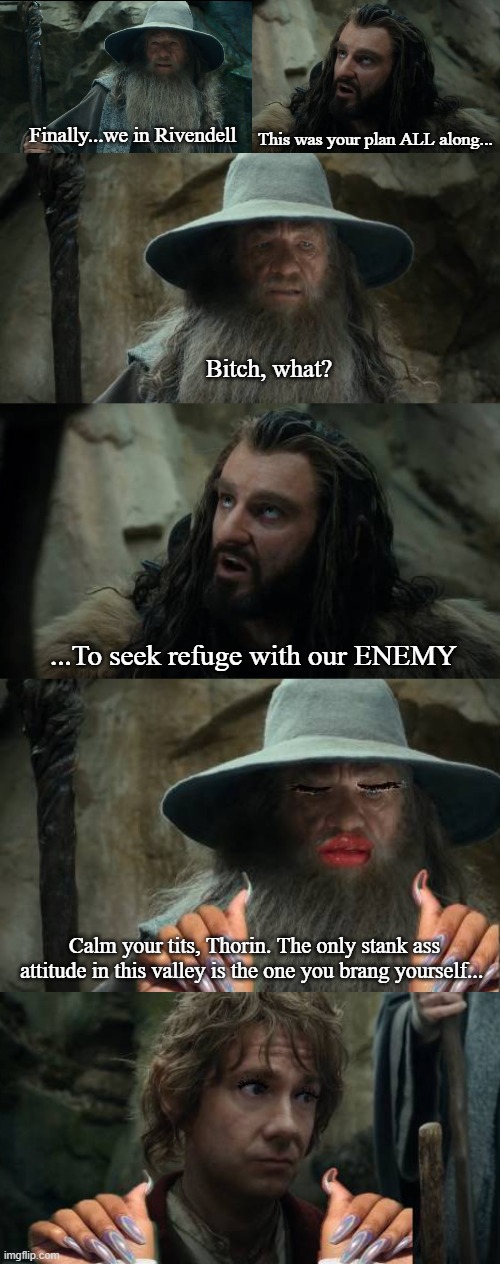 Bilbo Sass | This was your plan ALL along... Finally...we in Rivendell; Bitch, what? ...To seek refuge with our ENEMY; Calm your tits, Thorin. The only stank ass attitude in this valley is the one you brang yourself... | image tagged in bilbo,gandalf,thorin | made w/ Imgflip meme maker