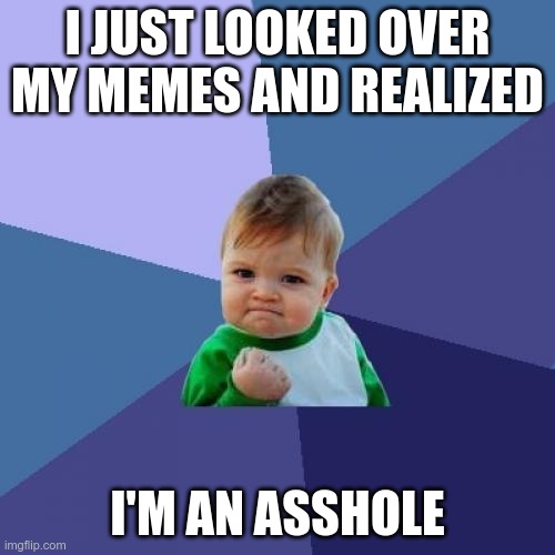 Know thyself | I JUST LOOKED OVER MY MEMES AND REALIZED; I'M AN ASSHOLE | image tagged in memes,success kid | made w/ Imgflip meme maker