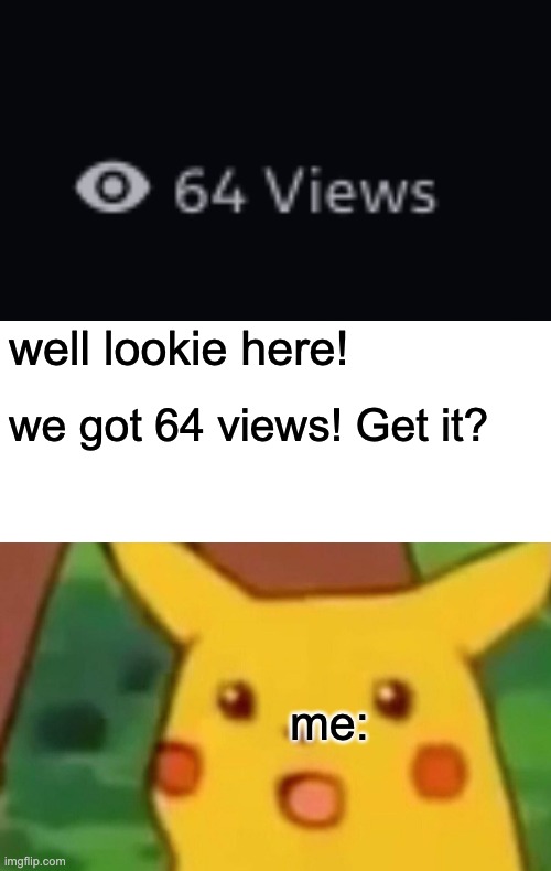 well lookie here! we got 64 views! Get it? me: | image tagged in memes,surprised pikachu | made w/ Imgflip meme maker