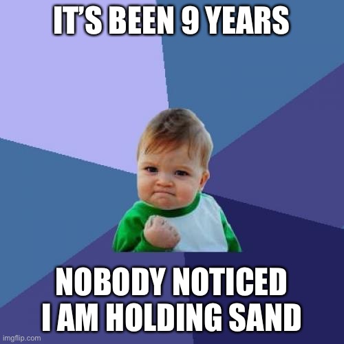 Success Kid Meme | IT’S BEEN 9 YEARS; NOBODY NOTICED I AM HOLDING SAND | image tagged in memes,success kid | made w/ Imgflip meme maker