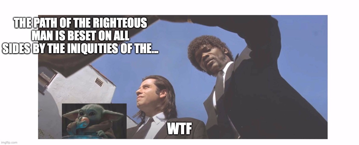 It Was The Eggs | THE PATH OF THE RIGHTEOUS MAN IS BESET ON ALL SIDES BY THE INIQUITIES OF THE... WTF | image tagged in it was eggs | made w/ Imgflip meme maker