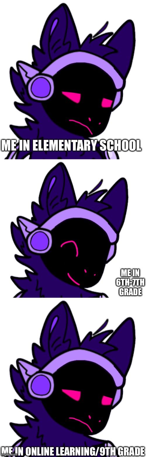Online learning is just, meh | ME IN ELEMENTARY SCHOOL; ME IN 6TH-7TH GRADE; ME IN ONLINE LEARNING/9TH GRADE | made w/ Imgflip meme maker