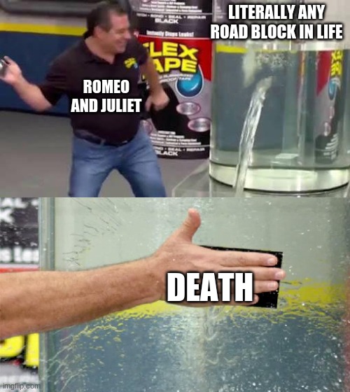 but why are they so dumb | LITERALLY ANY ROAD BLOCK IN LIFE; ROMEO AND JULIET; DEATH | image tagged in flex tape | made w/ Imgflip meme maker