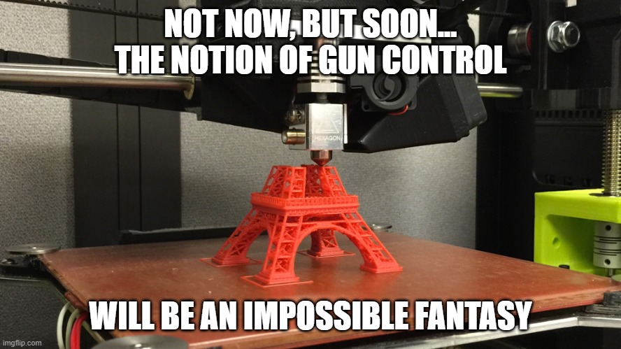 3d printers do not exist | NOT NOW, BUT SOON... THE NOTION OF GUN CONTROL; WILL BE AN IMPOSSIBLE FANTASY | image tagged in 3d printers do not exist | made w/ Imgflip meme maker