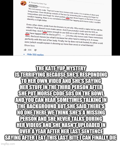I'm accually terrified | THE KATE YUP MYSTERY IS TERRIFYING BECAUSE SHE'S RESPONDING TO HER OWN VIDEO AND SHE'S SAYING HER STUFF IN THE THIRD PERSON AFTER SHE PUT MORSE CODE SOS ON THE BOWL AND YOU CAN HEAR SOMETIMES TALKING IN THE BACKGROUND BUT SHE SAID THERE'S NO ONE THERE WE THINK SHE'S A MISSING PERSON AND SHE NEVER TALKS DURING HER VIDEOS AND SHE HASN'T UPLOADED IN OVER A YEAR AFTER HER LAST SENTENCE SAYING AFTER I EAT THIS LAST BITE I CAN FINALLY DIE | image tagged in blank white template | made w/ Imgflip meme maker