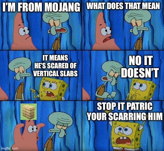Vertical slabs | I’M FROM MOJANG; WHAT DOES THAT MEAN; IT MEANS HE’S SCARED OF VERTICAL SLABS; NO IT DOESN’T; STOP IT PATRIC YOUR SCARRING HIM | image tagged in stop it patrick you're scaring him | made w/ Imgflip meme maker
