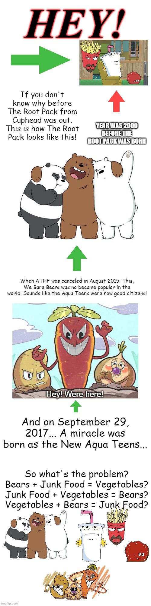 The truth comes out in! Part Two | HEY! If you don't know why before The Root Pack from Cuphead was out. This is how The Root Pack looks like this! YEAR WAS 2000 BEFORE THE ROOT PACK WAS BORN; When ATHF was canceled in August 2015. This, We Bare Bears was no became popular in the world. Sounds like the Aqua Teens were now good citizens! Hey! Were here! And on September 29, 2017... A miracle was born as the New Aqua Teens... So what's the problem?
Bears + Junk Food = Vegetables?
Junk Food + Vegetables = Bears?
Vegetables + Bears = Junk Food? | image tagged in memes,blank transparent square,aqua teen hunger force,we bare bears,cuphead | made w/ Imgflip meme maker