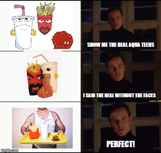 Show me the real _____ | SHOW ME THE REAL AQUA TEENS; I SAID THE REAL WITHOUT THE FACES; PERFECT! | image tagged in show me the real _____ | made w/ Imgflip meme maker