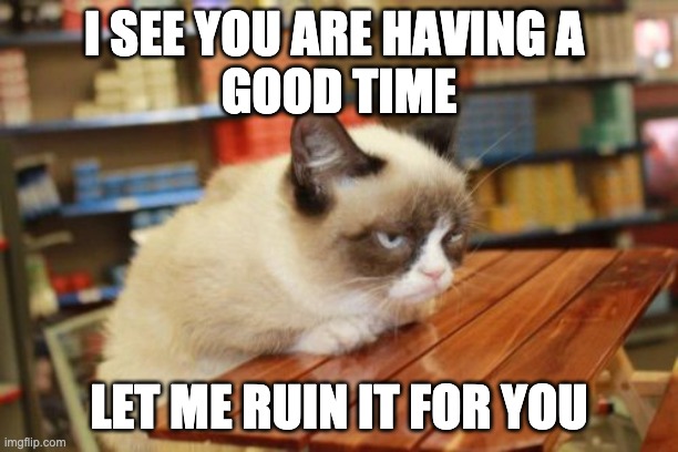 Grumpy Cat Table | I SEE YOU ARE HAVING A 
GOOD TIME; LET ME RUIN IT FOR YOU | image tagged in memes,grumpy cat table,grumpy cat | made w/ Imgflip meme maker