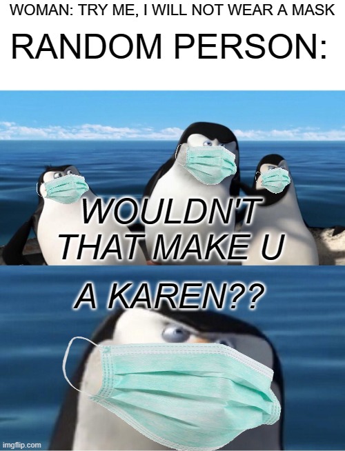 Wouldn't that make u...a Karen?? | WOMAN: TRY ME, I WILL NOT WEAR A MASK; RANDOM PERSON:; WOULDN'T THAT MAKE U; A KAREN?? | image tagged in wouldn't that make you,penguins of madagascar,socially awesome penguin,memes,karen,fun | made w/ Imgflip meme maker