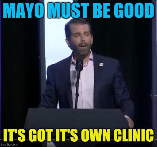 Stoned Don Trump Jr | MAYO MUST BE GOOD; IT'S GOT IT'S OWN CLINIC | image tagged in stoned don trump jr,mayo,racism,triggered,conservatives,mayonnaise | made w/ Imgflip meme maker