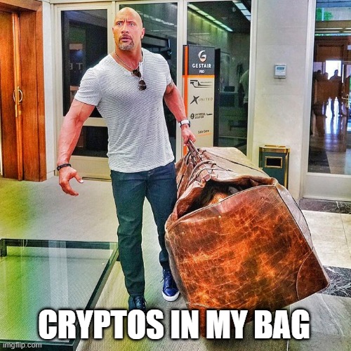 CRYPTOS IN MY BAG | image tagged in bagholder,therock | made w/ Imgflip meme maker