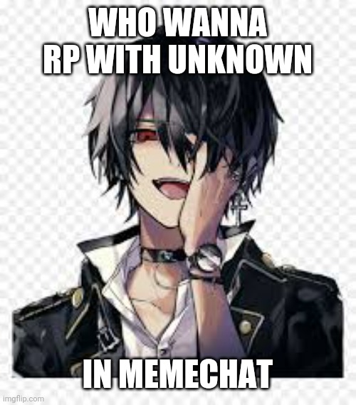 WHO WANNA RP WITH UNKNOWN; IN MEMECHAT | image tagged in roleplay | made w/ Imgflip meme maker