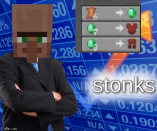 Leather and emeralds | image tagged in villager stonks | made w/ Imgflip meme maker