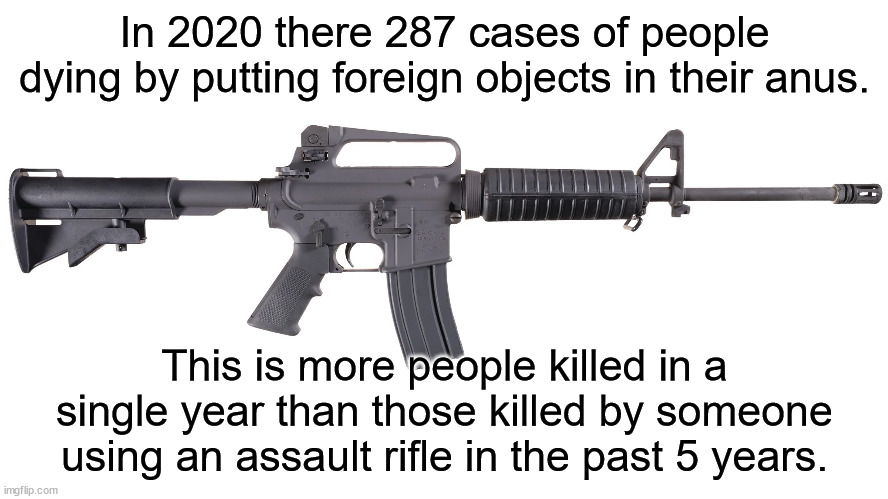 Can someone on the left please tell me why the firearms that are least used in homicides are the ones that you most want to ban? | In 2020 there 287 cases of people dying by putting foreign objects in their anus. This is more people killed in a single year than those killed by someone using an assault rifle in the past 5 years. | image tagged in assault rifle,2nd amendment,gun ban | made w/ Imgflip meme maker