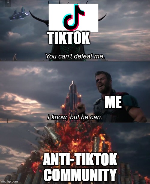 Facebook people, Quibi, and PewDiePie are helping us fight in this war | TIKTOK; ME; ANTI-TIKTOK COMMUNITY | image tagged in you can't defeat me,tiktok sucks,facebook,pewdiepie,tiktok,oh wow are you actually reading these tags | made w/ Imgflip meme maker