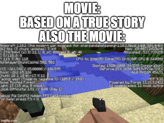 how he has a gun | MOVIE:
BASED ON A TRUE STORY
ALSO THE MOVIE: | image tagged in wut | made w/ Imgflip meme maker