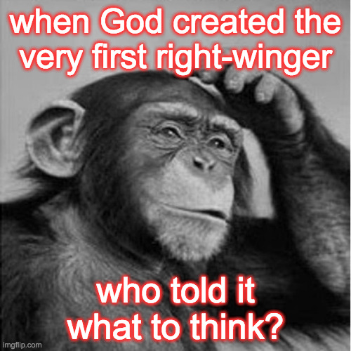 Or maybe conservatives started as a branch of normal society that just didn't want to think? | when God created the very first right-winger; who told it what to think? | image tagged in memes,chicken or egg,right-wingers,politics | made w/ Imgflip meme maker