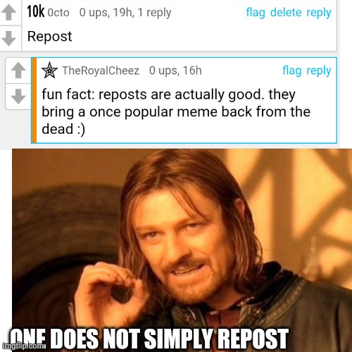 Reposts suck I think wee can all agree | ONE DOES NOT SIMPLY REPOST | image tagged in reposts | made w/ Imgflip meme maker