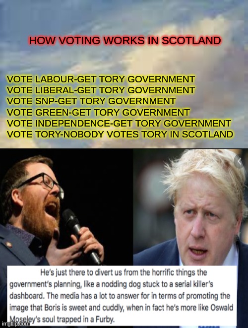 Tories | HOW VOTING WORKS IN SCOTLAND; VOTE LABOUR-GET TORY GOVERNMENT

VOTE LIBERAL-GET TORY GOVERNMENT

VOTE SNP-GET TORY GOVERNMENT

VOTE GREEN-GET TORY GOVERNMENT

VOTE INDEPENDENCE-GET TORY GOVERNMENT

VOTE TORY-NOBODY VOTES TORY IN SCOTLAND | image tagged in tories,britain,scotland | made w/ Imgflip meme maker