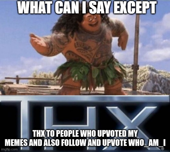 thx | THX TO PEOPLE WHO UPVOTED MY MEMES AND ALSO FOLLOW AND UPVOTE WHO_AM_I | image tagged in what can i say except thx | made w/ Imgflip meme maker