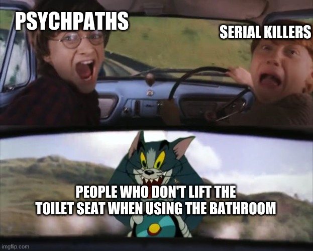 harry potter tom train | PSYCHPATHS; SERIAL KILLERS; PEOPLE WHO DON'T LIFT THE TOILET SEAT WHEN USING THE BATHROOM | image tagged in harry potter tom train | made w/ Imgflip meme maker