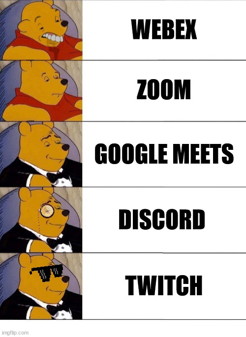 Winnie the Pooh v.20 | WEBEX; ZOOM; GOOGLE MEETS; DISCORD; TWITCH | image tagged in winnie the pooh v 2020 | made w/ Imgflip meme maker
