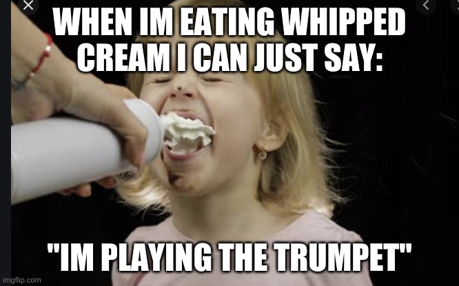 whoped karaem | WHEN IM EATING WHIPPED CREAM I CAN JUST SAY:; "IM PLAYING THE TRUMPET" | image tagged in lol so funny | made w/ Imgflip meme maker
