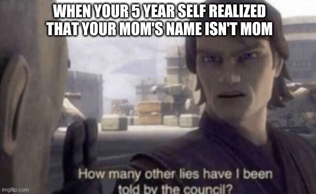How many other lies have i been told by the council | WHEN YOUR 5 YEAR SELF REALIZED THAT YOUR MOM'S NAME ISN'T MOM | image tagged in how many other lies have i been told by the council | made w/ Imgflip meme maker