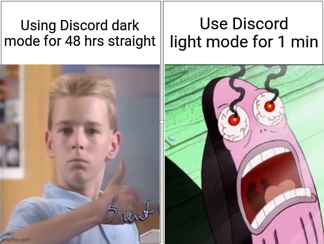 Blank Comic Panel 2x2 | Use Discord light mode for 1 min; Using Discord dark mode for 48 hrs straight | image tagged in memes,blank comic panel 2x2 | made w/ Imgflip meme maker