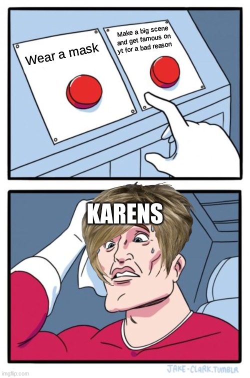 Two Buttons Meme | Make a big scene and get famous on yt for a bad reason; Wear a mask; KARENS | image tagged in memes,two buttons | made w/ Imgflip meme maker