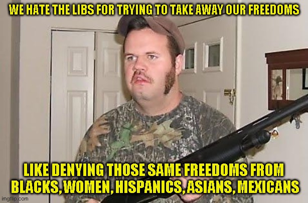 Hey armed morons, you worried about your guns being taken away? Then stop murdering people! | WE HATE THE LIBS FOR TRYING TO TAKE AWAY OUR FREEDOMS; LIKE DENYING THOSE SAME FREEDOMS FROM  BLACKS, WOMEN, HISPANICS, ASIANS, MEXICANS | image tagged in redneck wonder | made w/ Imgflip meme maker