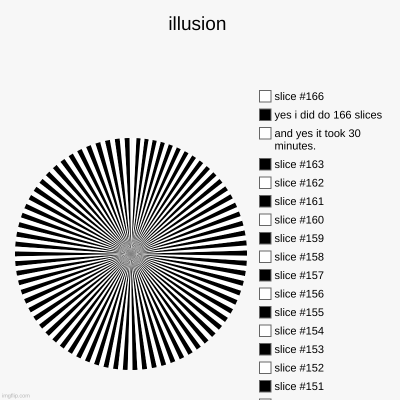 IlLuSiOn | illusion |, and yes it took 30 minutes., yes i did do 166 slices | image tagged in charts,pie charts | made w/ Imgflip chart maker