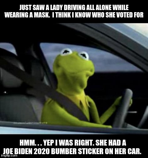 Its easy to see the biden voters | JUST SAW A LADY DRIVING ALL ALONE WHILE WEARING A MASK.  I THINK I KNOW WHO SHE VOTED FOR; HMM. . . YEP I WAS RIGHT. SHE HAD A JOE BIDEN 2020 BUMBER STICKER ON HER CAR. | image tagged in kermit driving,joe biden worries,creepy joe biden,2020,drunk driving,dumb and dumber | made w/ Imgflip meme maker