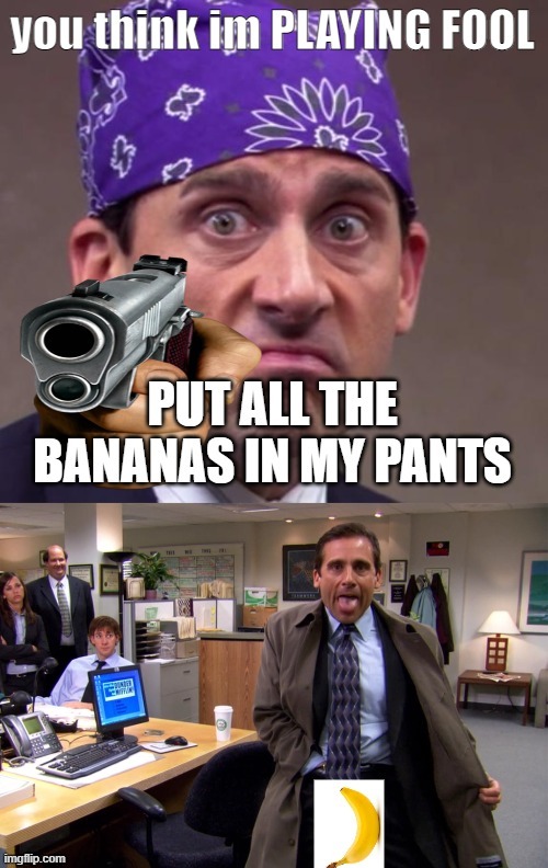 hehe banana go brrrrrrrrrr | image tagged in banana,michael scott,gansta spongbob,gun | made w/ Imgflip meme maker