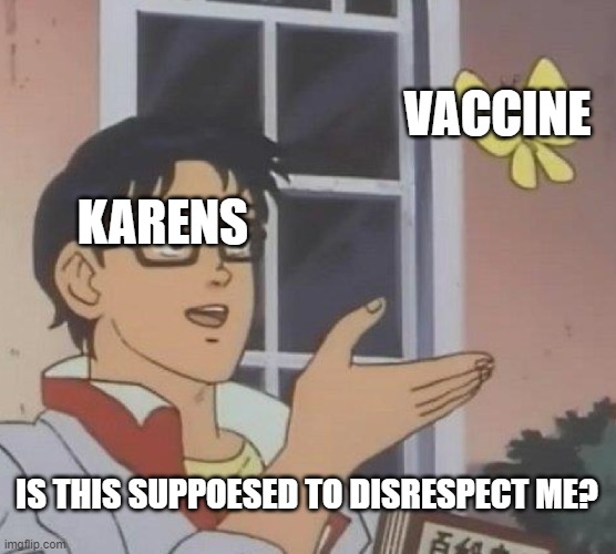 Karens are just so dumb! | VACCINE; KARENS; IS THIS SUPPOESED TO DISRESPECT ME? | image tagged in memes,is this a pigeon | made w/ Imgflip meme maker