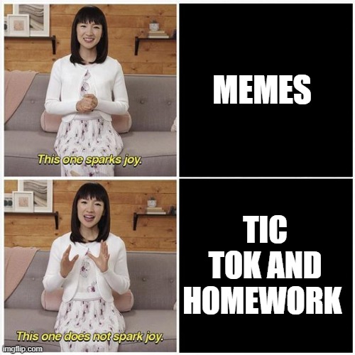 this one is hell | MEMES; TIC TOK AND HOMEWORK | image tagged in marie kondo spark joy | made w/ Imgflip meme maker