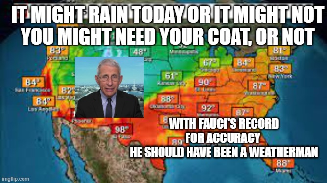 Weatherman Fauci | IT MIGHT RAIN TODAY OR IT MIGHT NOT
YOU MIGHT NEED YOUR COAT, OR NOT; WITH FAUCI'S RECORD FOR ACCURACY 
HE SHOULD HAVE BEEN A WEATHERMAN | image tagged in dr fauci,politics,funny,power | made w/ Imgflip meme maker