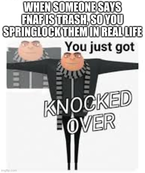 you just got knocked over | WHEN SOMEONE SAYS FNAF IS TRASH, SO YOU SPRINGLOCK THEM IN REAL LIFE | image tagged in you just got knocked over,fnaf,five nights at freddy's,e,gru meme | made w/ Imgflip meme maker