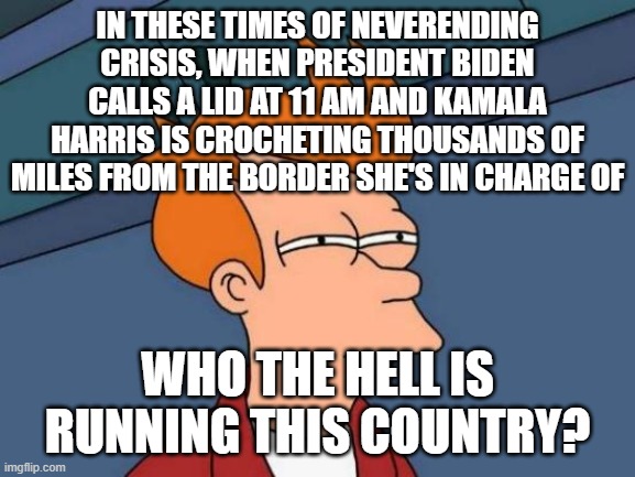 Futurama Fry Meme | IN THESE TIMES OF NEVERENDING CRISIS, WHEN PRESIDENT BIDEN CALLS A LID AT 11 AM AND KAMALA HARRIS IS CROCHETING THOUSANDS OF MILES FROM THE BORDER SHE'S IN CHARGE OF; WHO THE HELL IS RUNNING THIS COUNTRY? | image tagged in memes,futurama fry | made w/ Imgflip meme maker
