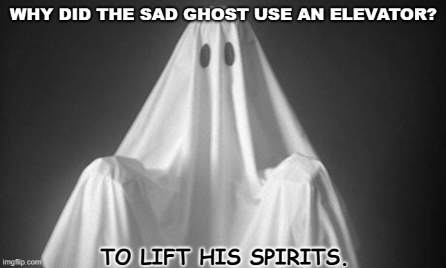 Bad Dad Joke April 16 2021 | WHY DID THE SAD GHOST USE AN ELEVATOR? TO LIFT HIS SPIRITS. | image tagged in ghost | made w/ Imgflip meme maker