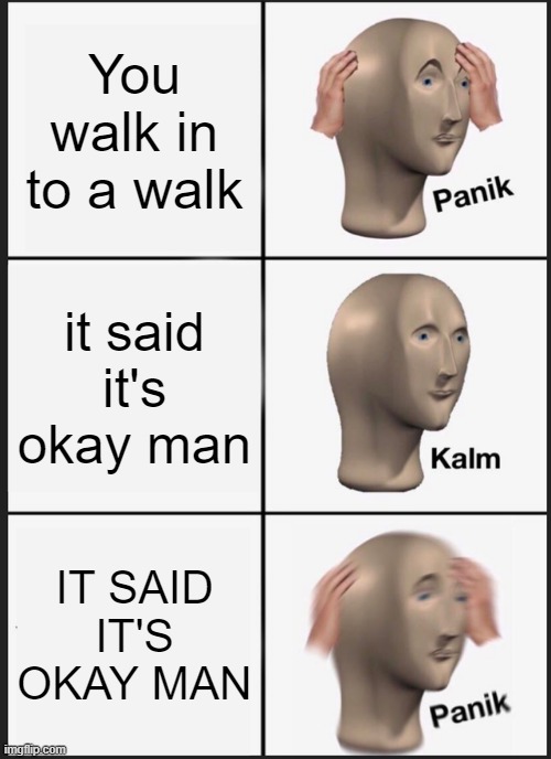 Panik Kalm Panik Meme | You walk in to a walk; it said it's okay man; IT SAID IT'S OKAY MAN | image tagged in memes,panik kalm panik | made w/ Imgflip meme maker