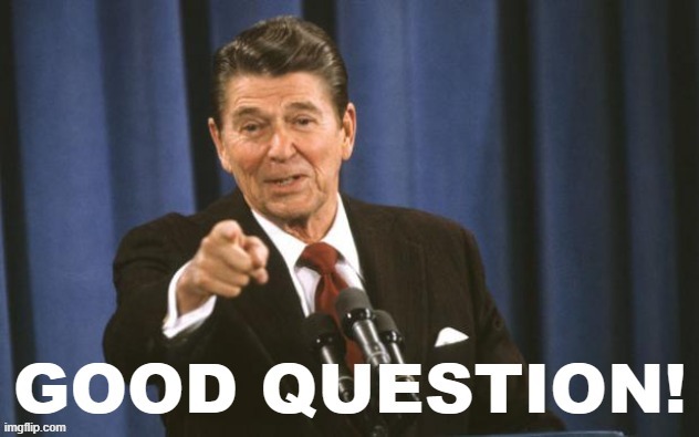 Ronald Reagan Good Question | image tagged in ronald reagan good question,ronald reagan | made w/ Imgflip meme maker